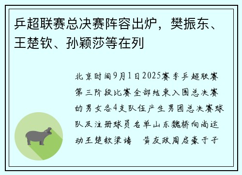 乒超联赛总决赛阵容出炉，樊振东、王楚钦、孙颖莎等在列